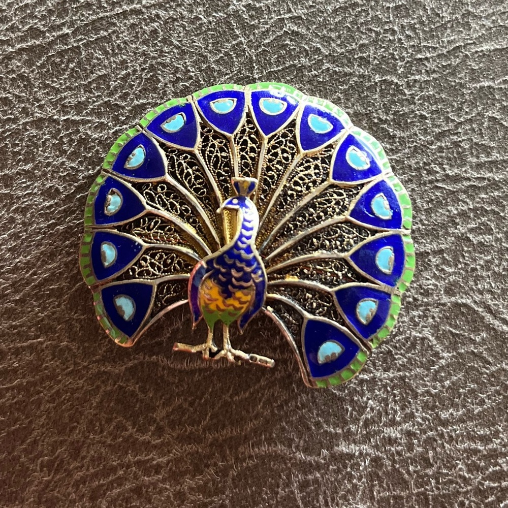 Vintage Peacock Brooch Pin Vermeil Enamel Filigree Made in Portugal